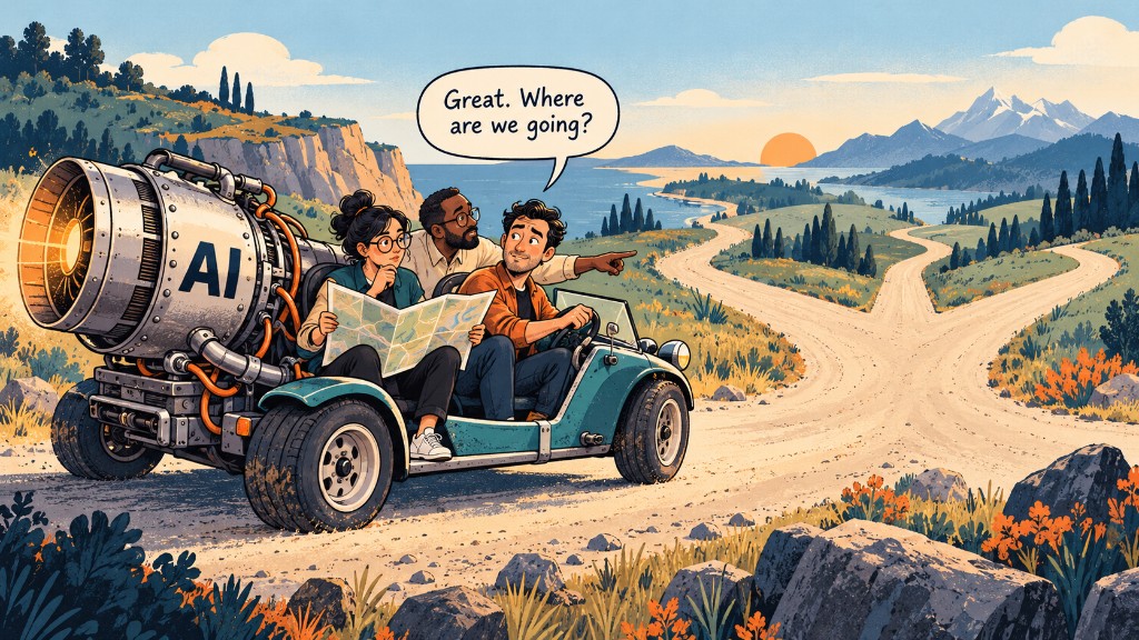 Illustration: a teal open car with a large jet engine labeled AI waits at a fork in a coastal dirt road. Three people share the front seat and a map; the driver points down one path while a speech bubble asks, “Great. Where are we going?”