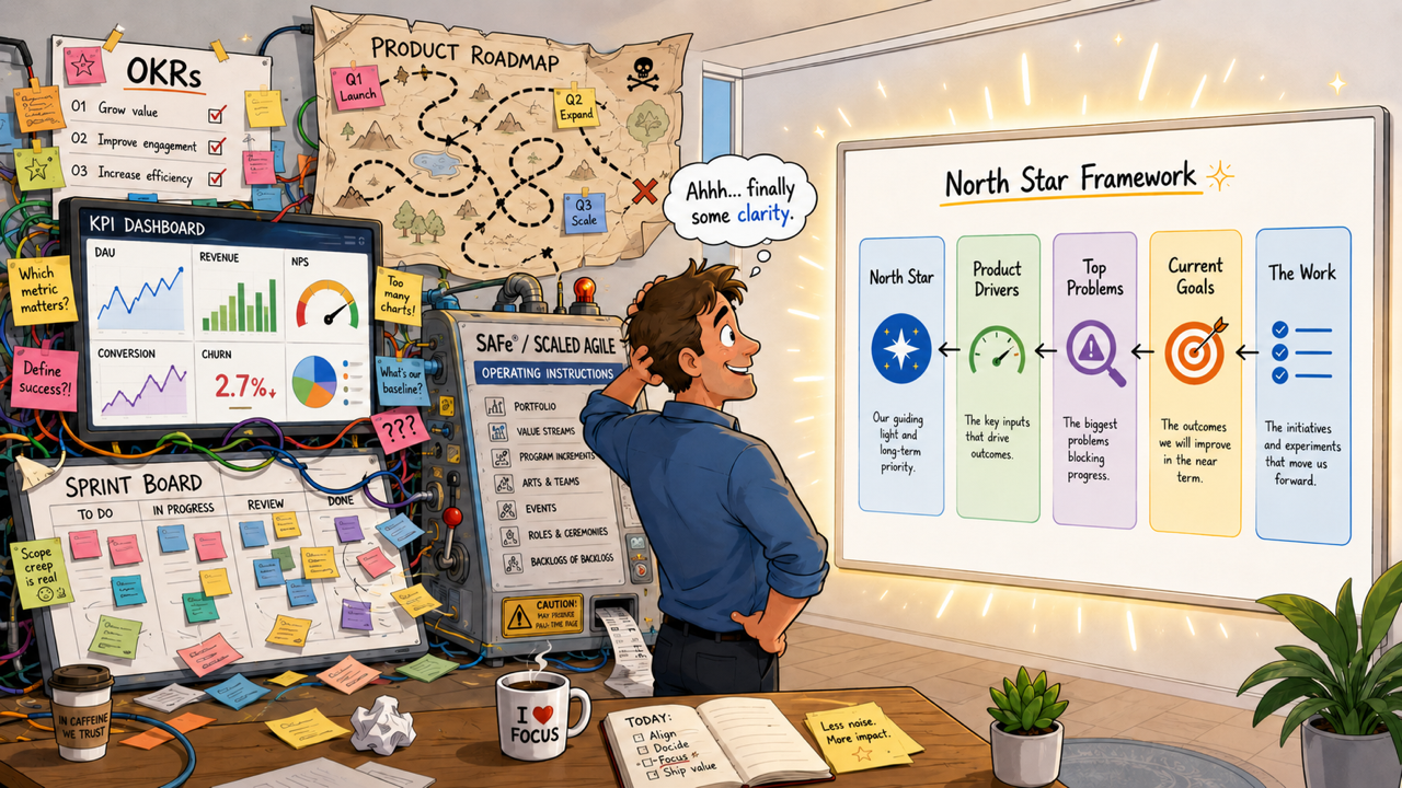Illustration: cluttered OKR boards, KPI dashboards, roadmaps, sprint boards and SAFe paperwork on the left; a clear North Star Framework chain from North Star through Product Drivers, Top Problems, Current Goals to The Work on the right