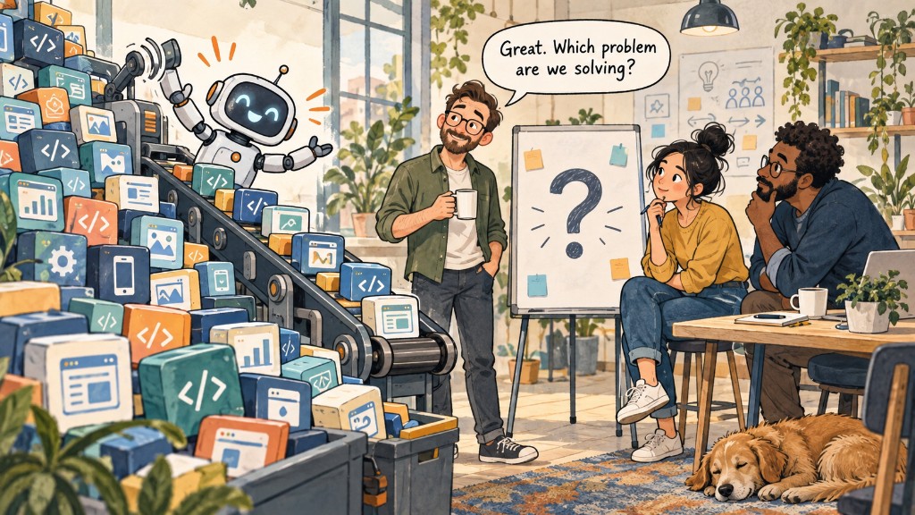 Illustration: a cheerful robot sends boxes of features — code, charts, phones and app windows — down a conveyor into overflowing bins, while a team at a whiteboard asks which problem they are solving