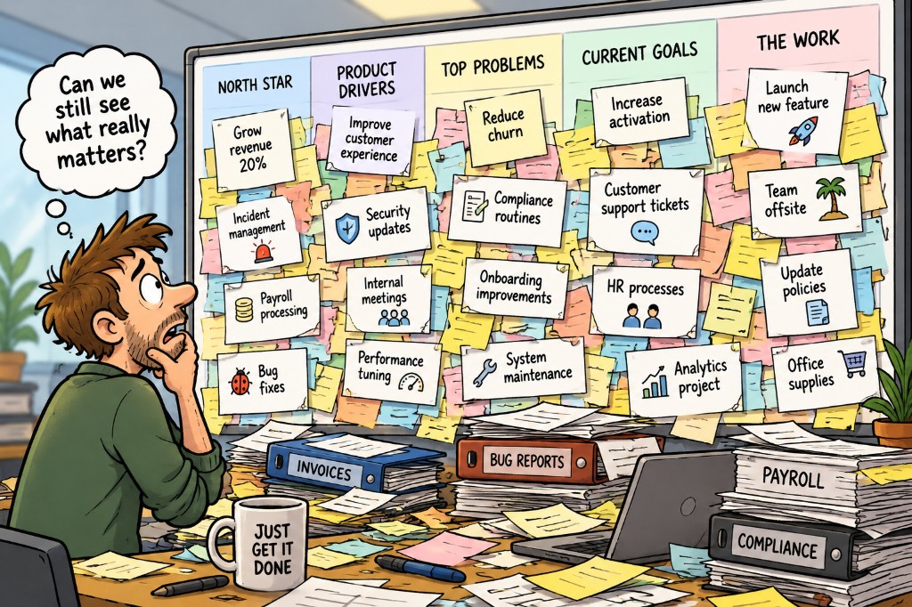 Illustration: a person at a cluttered desk stares at a strategy board whose columns — North Star, Product Drivers, Top Problems, Current Goals, and The Work — are buried under sticky notes for payroll, bug fixes, compliance, meetings, and office supplies, wondering whether anyone can still see what really matters