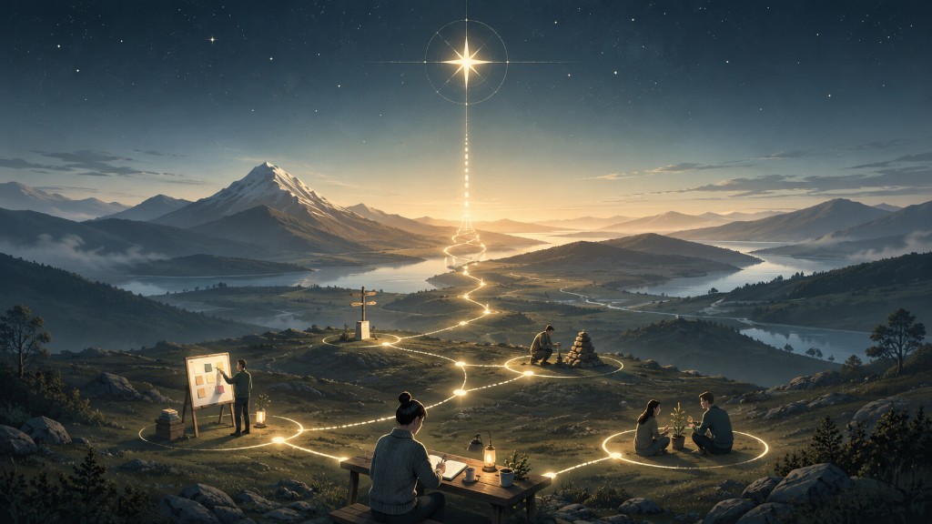 Illustration: a glowing North Star above a valley; a golden path links teams at work—planning, writing, building, collaborating—to the star through the landscape