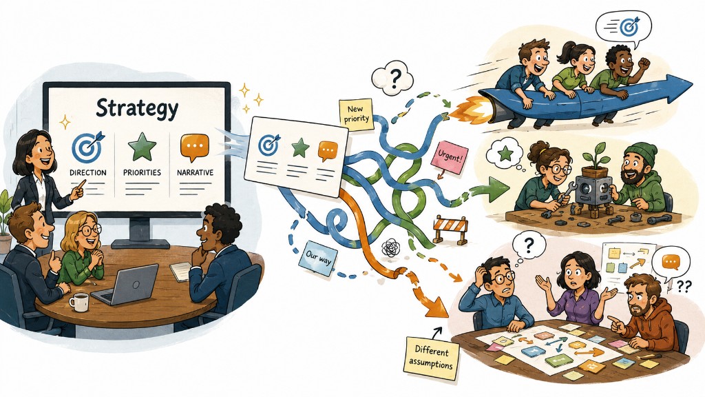 Illustration: a team agrees on a Strategy slide with Direction, Priorities, and Narrative; the same ideas fray into tangled lines, sticky notes like “Urgent” and “Different assumptions,” and three teams pulling in misaligned directions